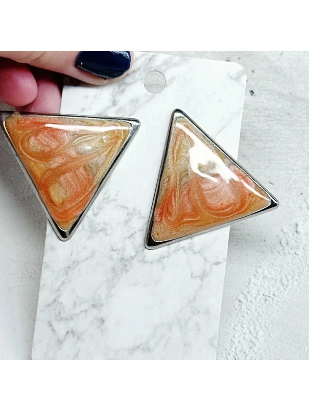 1064mc. Silvertone Orange Enamel Earrings Vintage